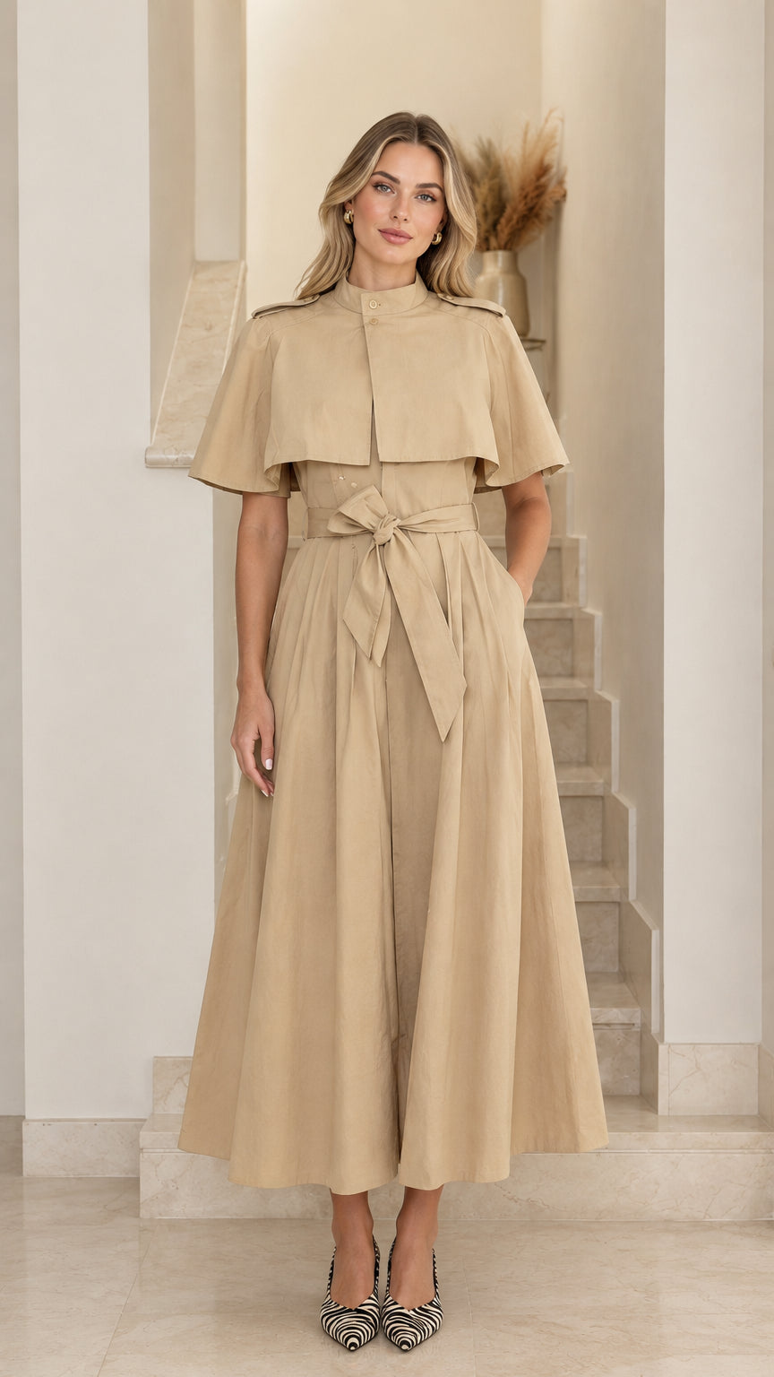 Front view of model wearing khaki capelet midi trench dress with tie belt