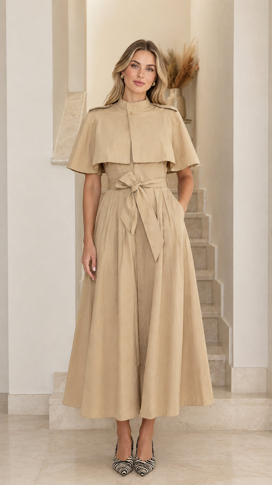 Front view of model wearing khaki capelet midi trench dress with tie belt