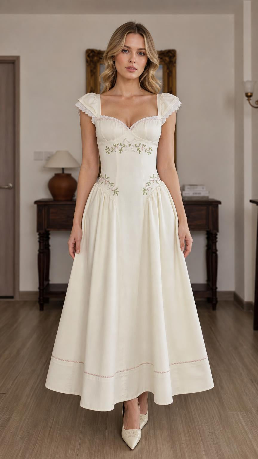 Front view of Ivory floral embroidered sweetheart midi dress