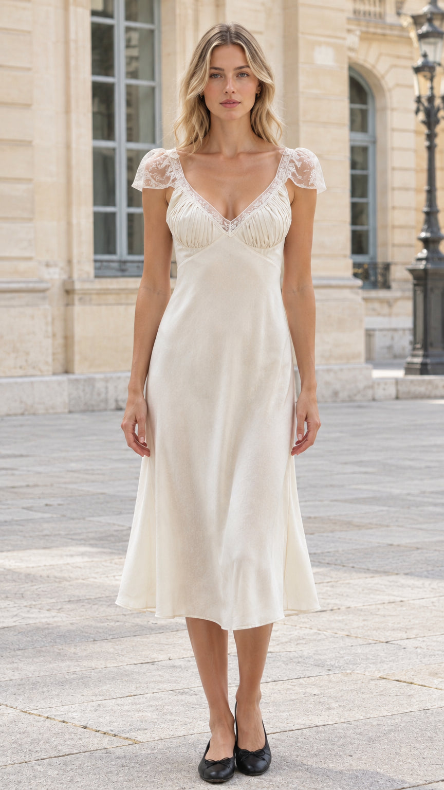 Front view of model wearing ivory lace cap sleeve satin midi dress