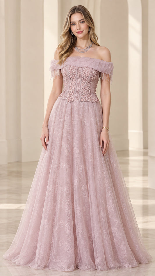 Dusty rose off-the-shoulder beaded corset evening gown with lace skirt front view
