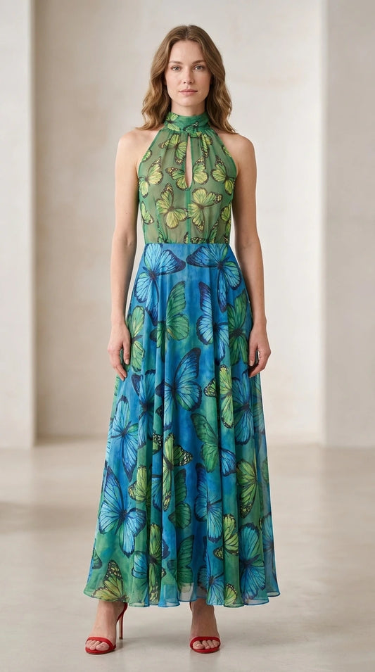 Front view of woman wearing emerald blue butterfly print halter maxi dress