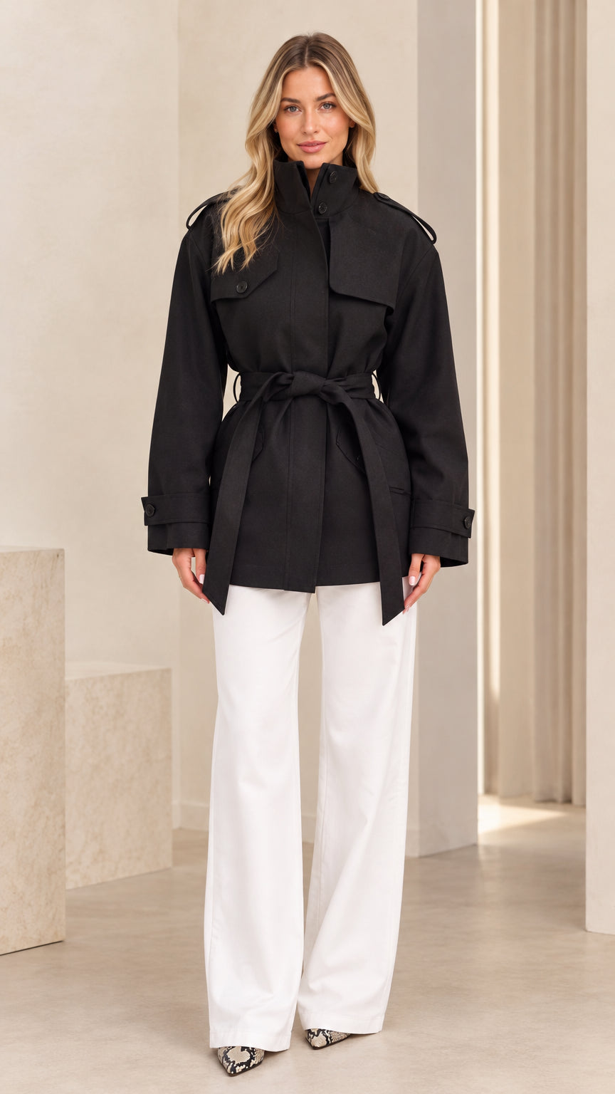 Front view of model wearing black high neck belted short trench coat with white wide leg trousers