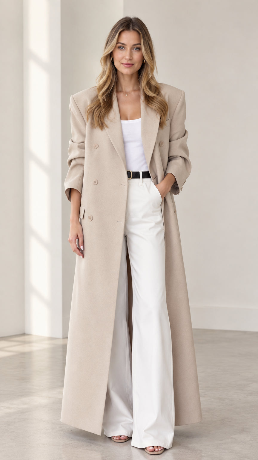 Front full view of women's beige maxi duster coat styled with white trousers