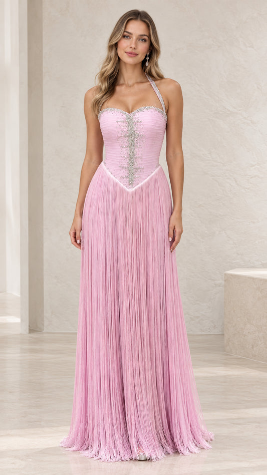 Front view of model wearing pink rhinestone halter fringe evening gown