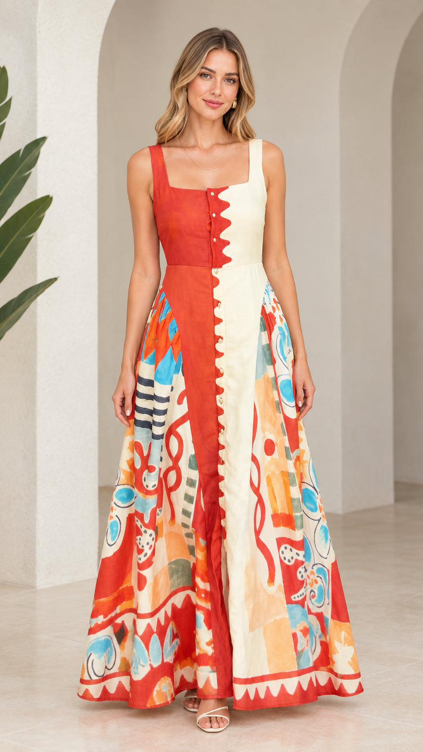 Front view of model wearing terracotta orange and cream abstract print square neck maxi dress with scallop placket