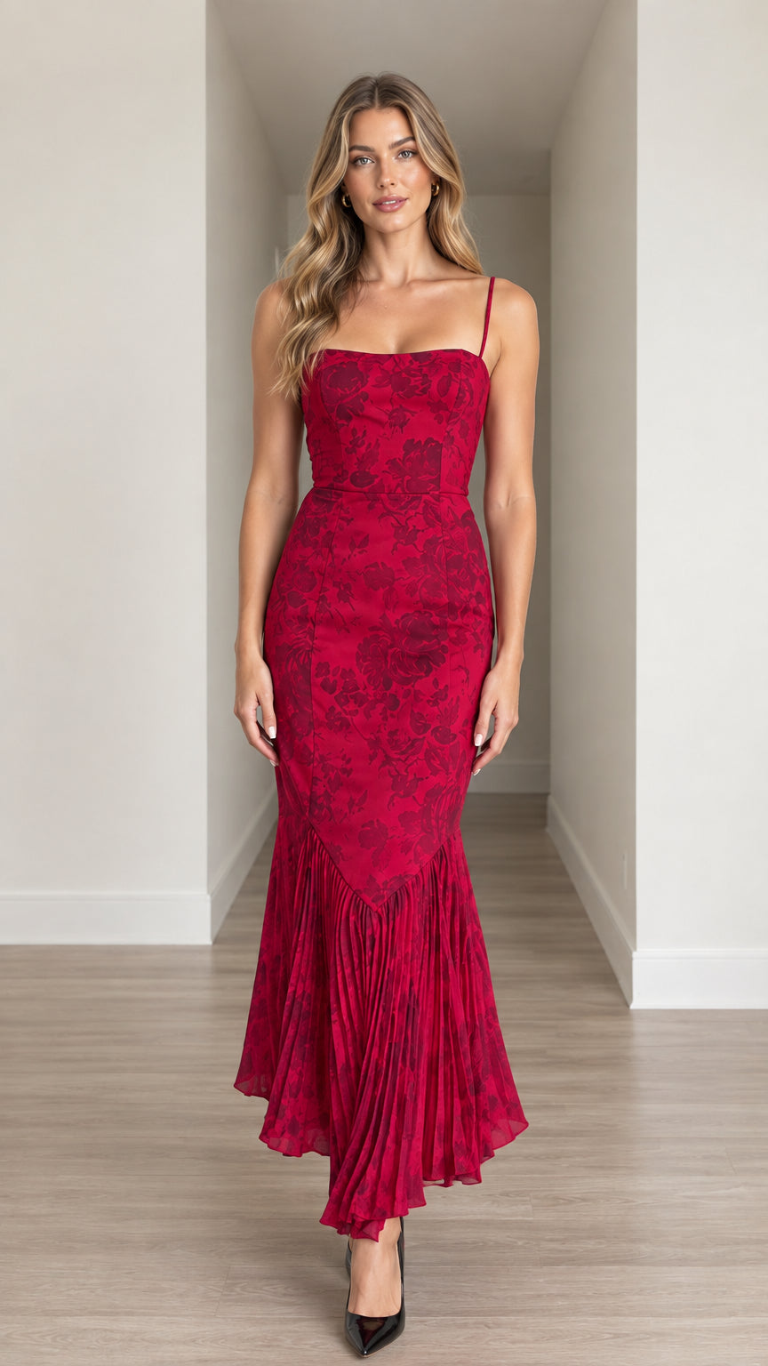 Front view of model wearing Red Floral Jacquard Pleated Mermaid Hem Midi Dress