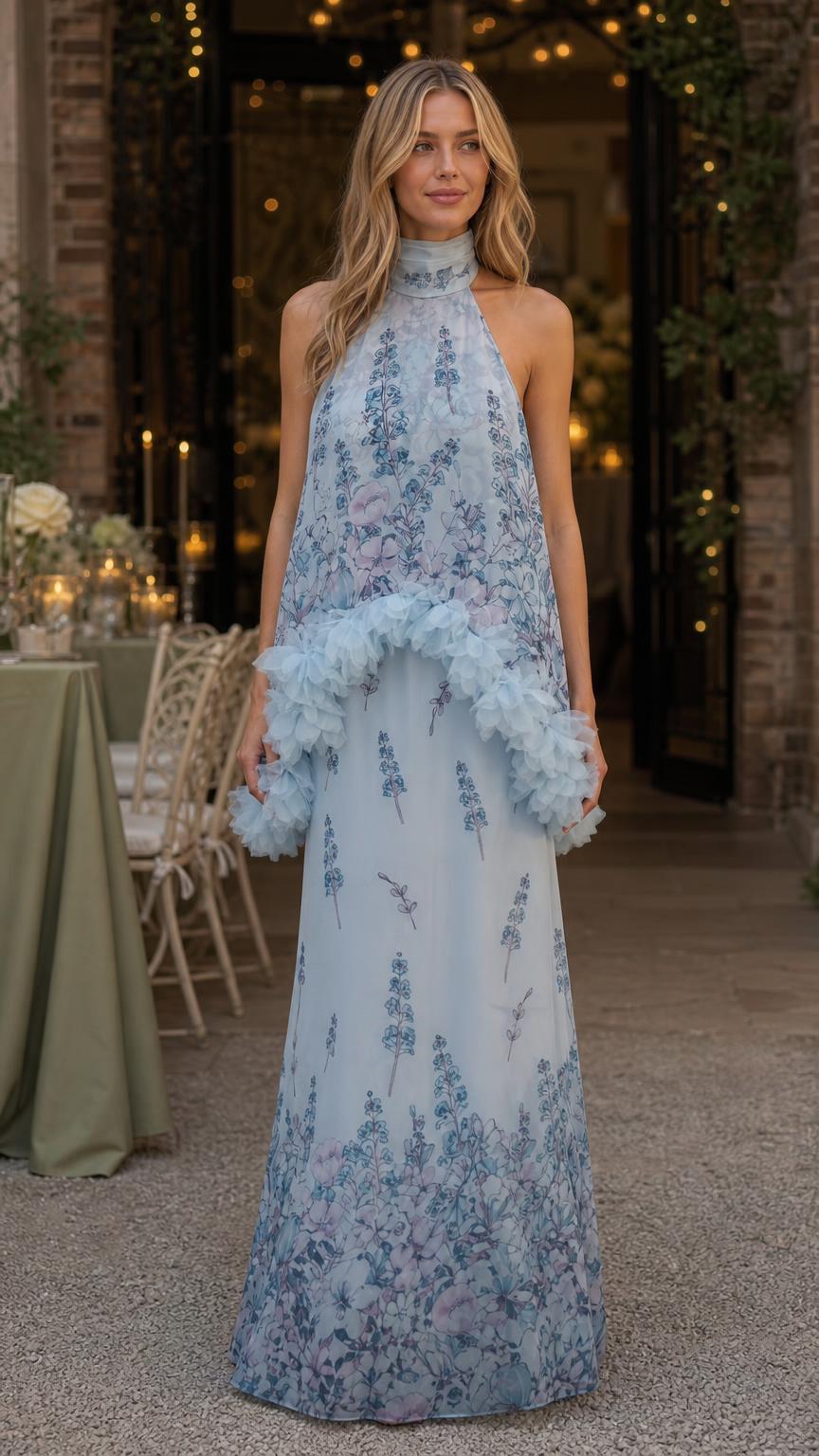 Front view of model wearing light blue floral ruffled halter maxi dress