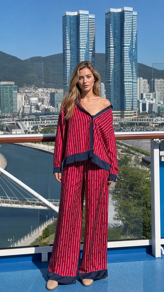 Woman wearing red striped long sleeve shirt and wide leg pants set on balcony