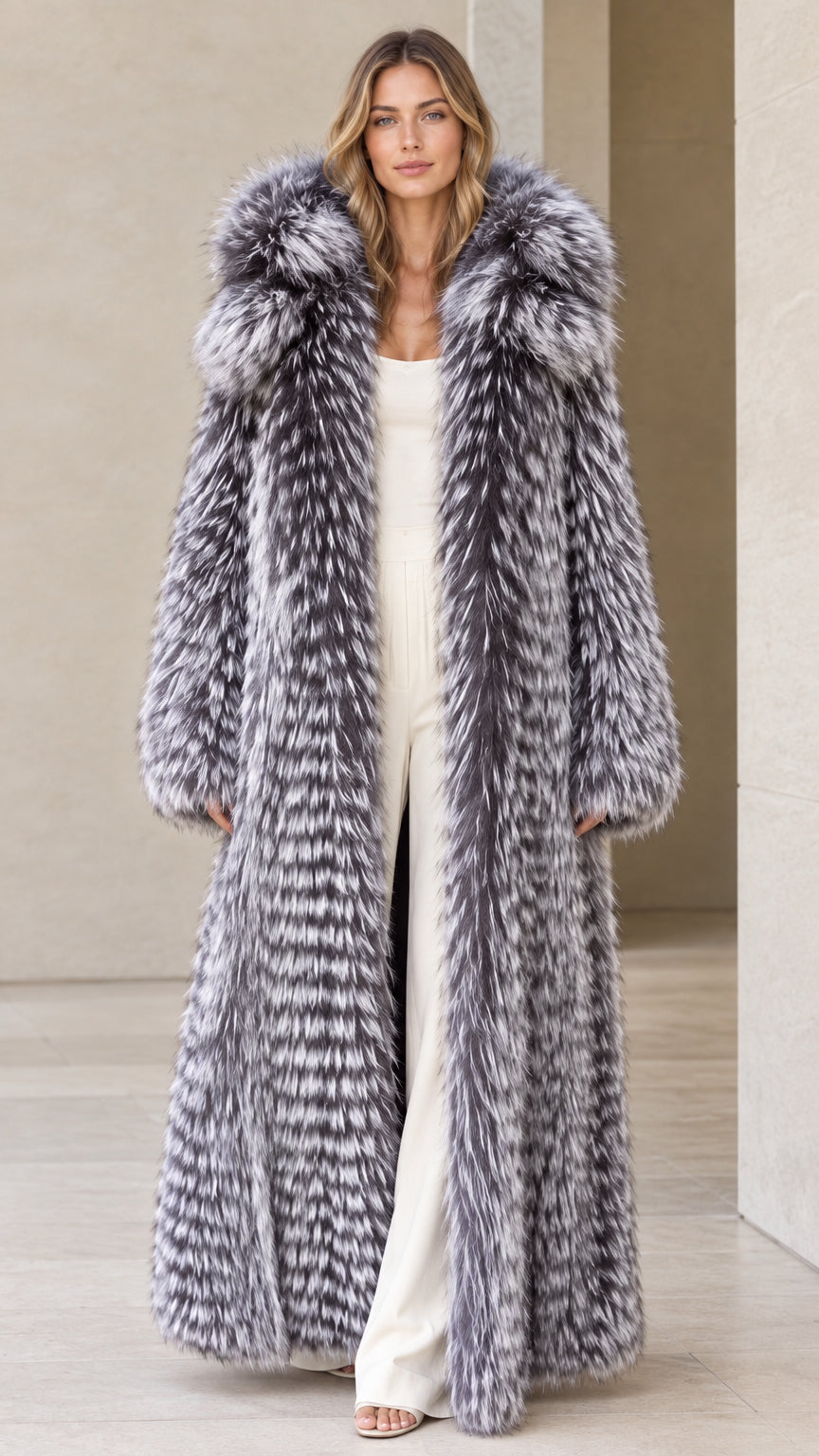 Front view of woman wearing silver grey full-length hooded faux fur maxi coat
