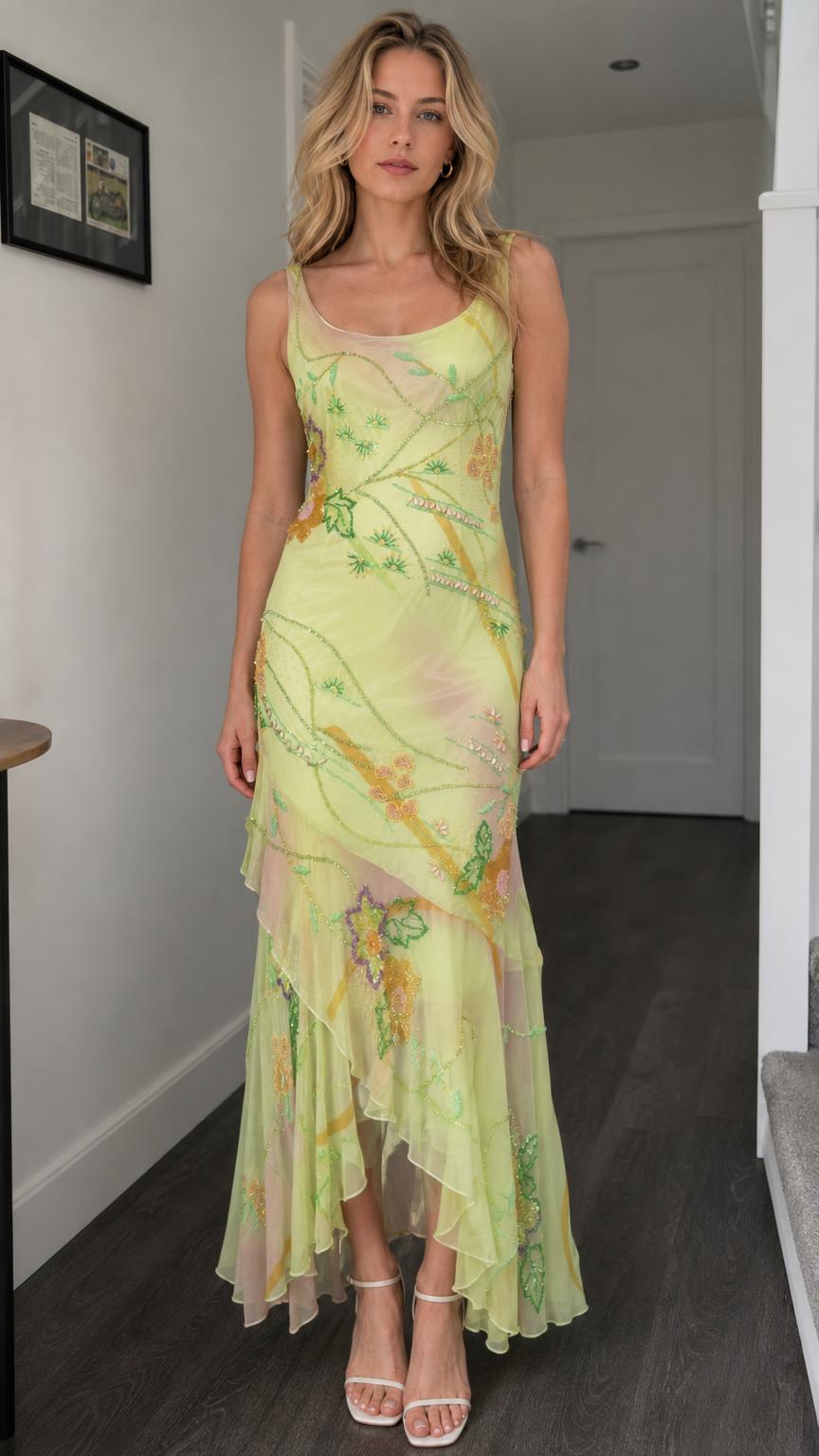 Front view of model wearing yellow floral beaded mesh maxi dress