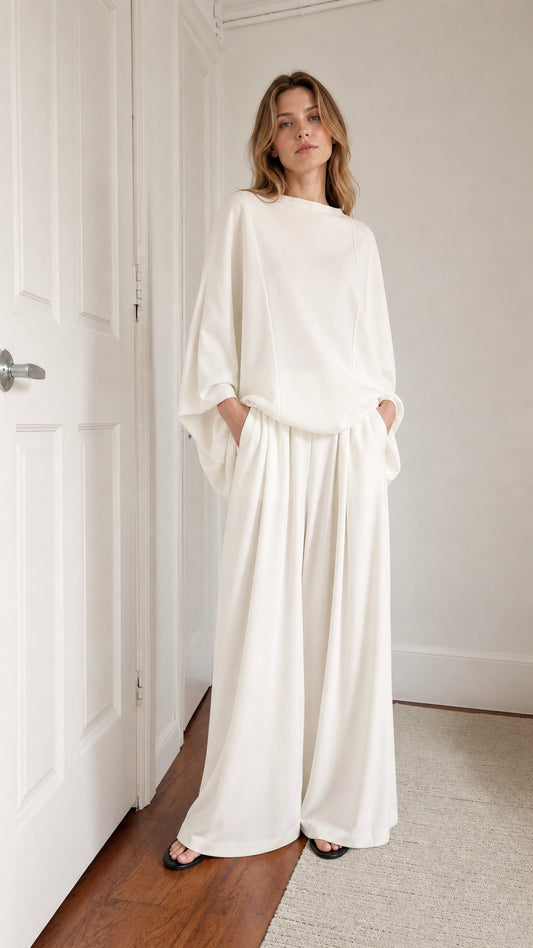 Model wearing white minimalist boat neck batwing top and wide leg pants lounge set from the front