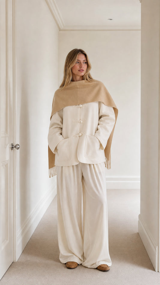 Front view of model wearing cream toggle button jacket, wide-leg trousers, and camel fringed shoulder cape
