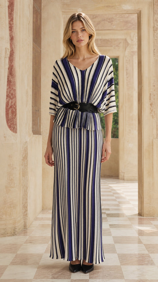 Front view of woman wearing blue striped two-piece maxi dress set