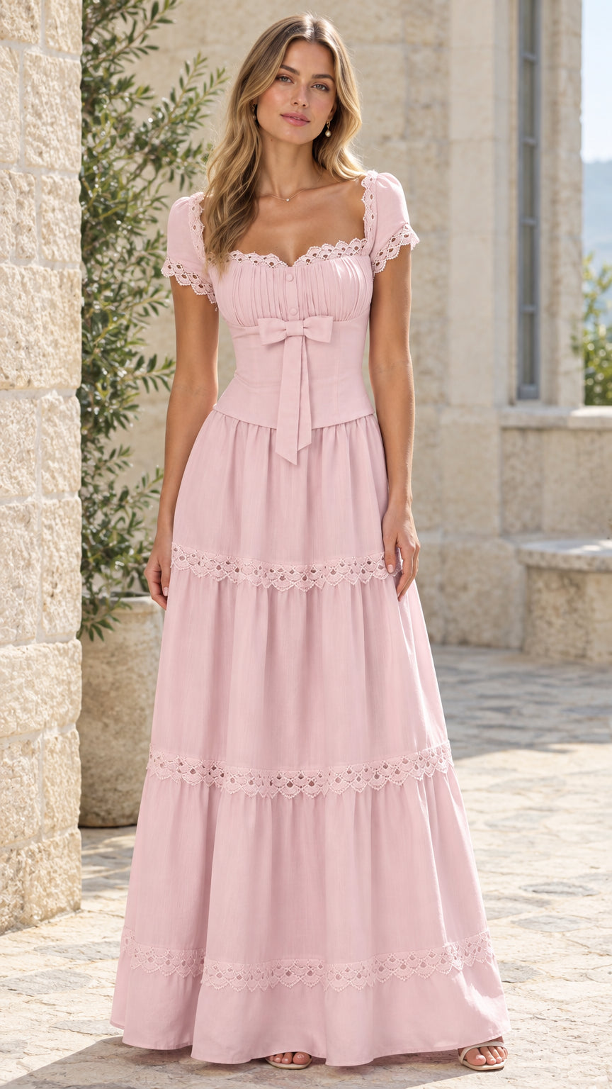Full-length front view of woman wearing blush pink tiered lace maxi dress in a stone courtyard