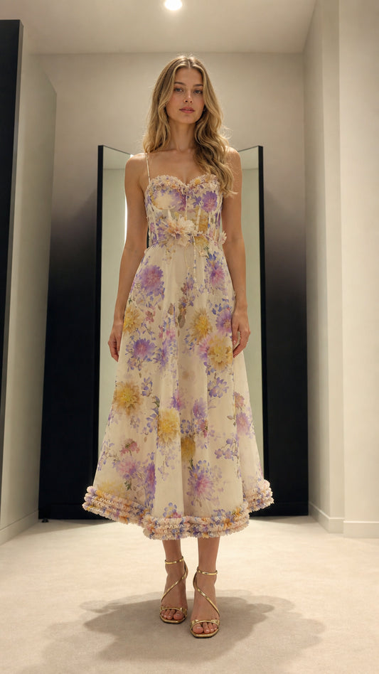 Full front view of model wearing white floral corset midi dress