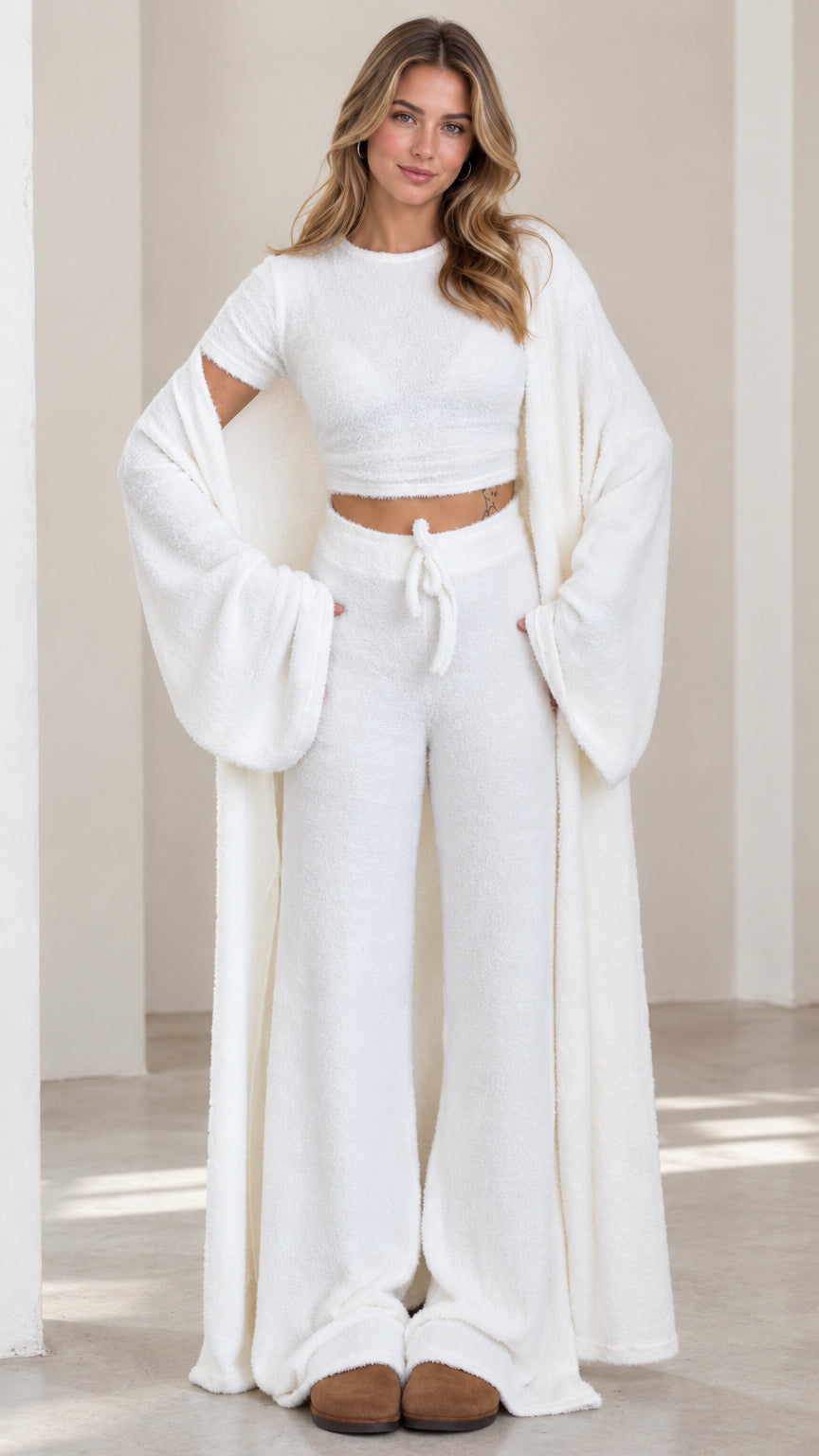 Women's 3-piece plush knit loungewear set in white front view