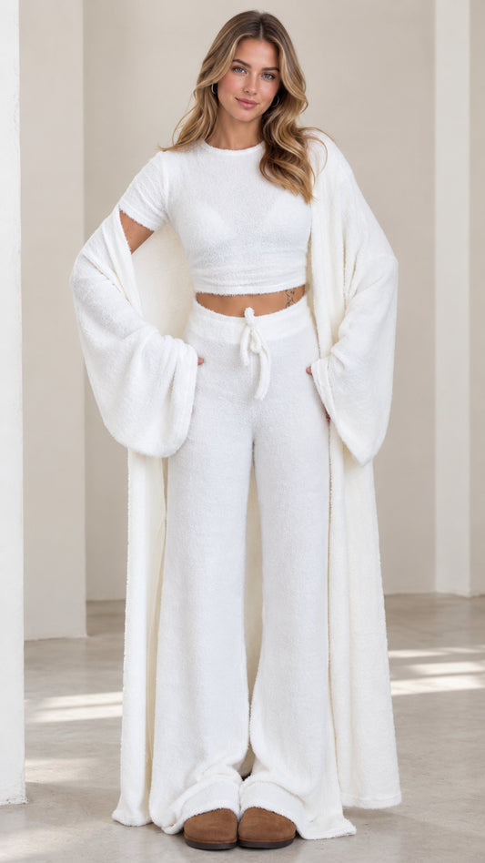 Women's 3-piece plush knit loungewear set in white front view
