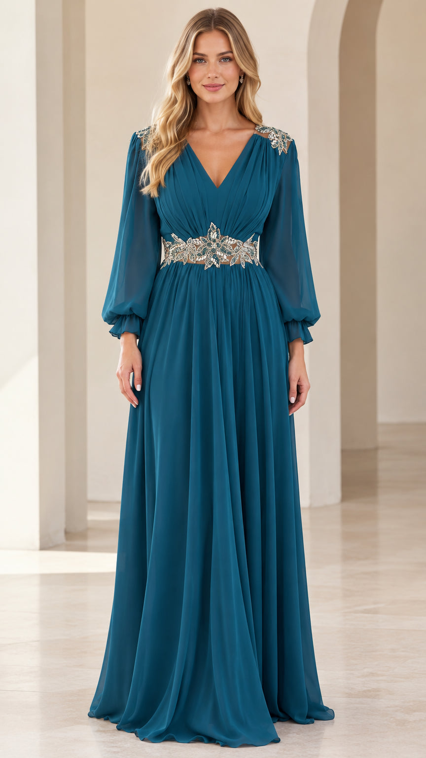 Front view of woman wearing teal blue V-neck chiffon evening gown with beaded waist and lantern sleeves