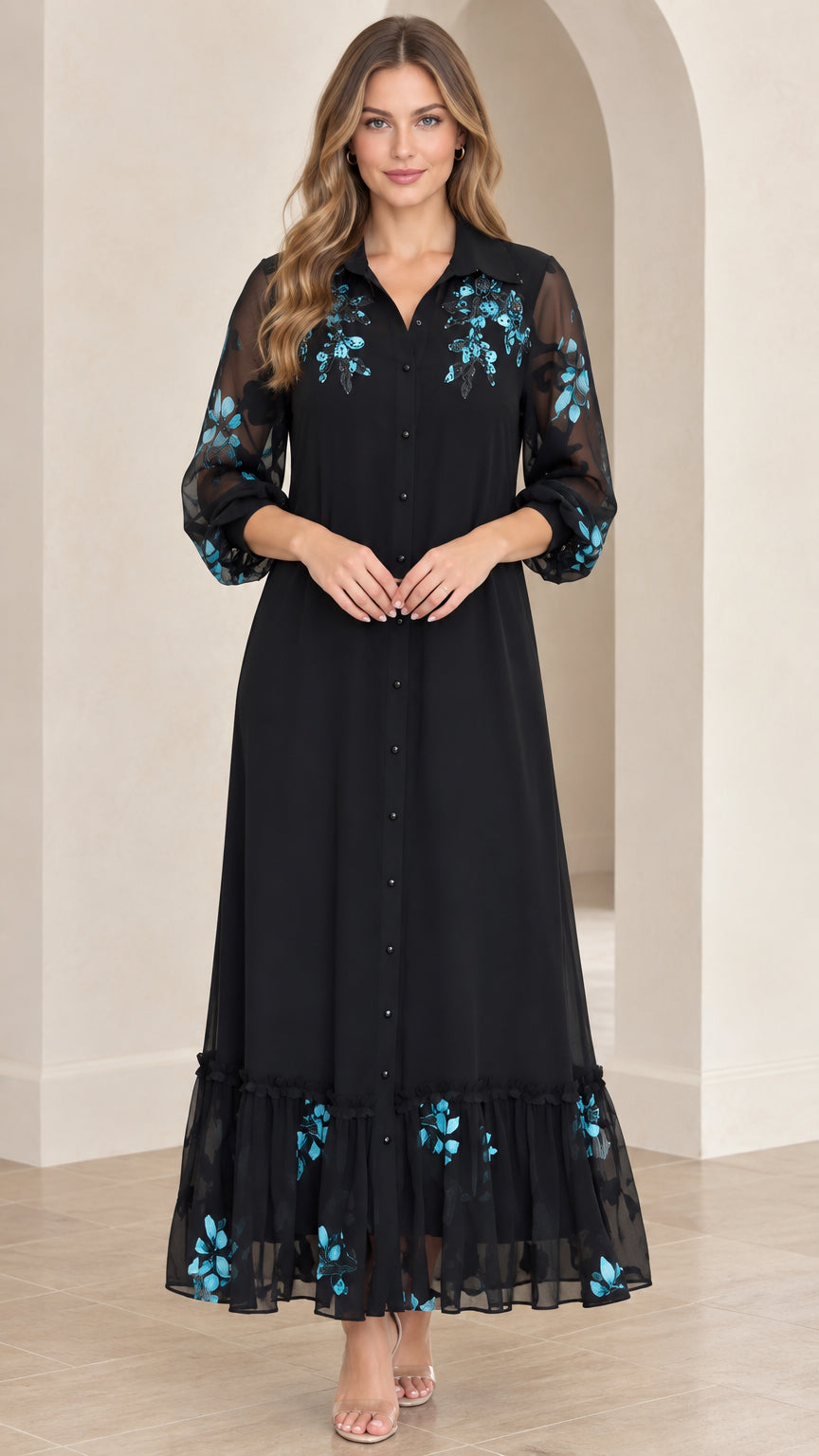 Front view of black floral embroidered button-down maxi dress with sheer sleeves