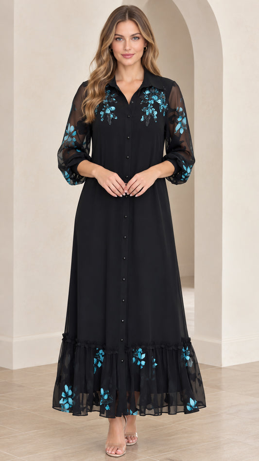Front view of black floral embroidered button-down maxi dress with sheer sleeves