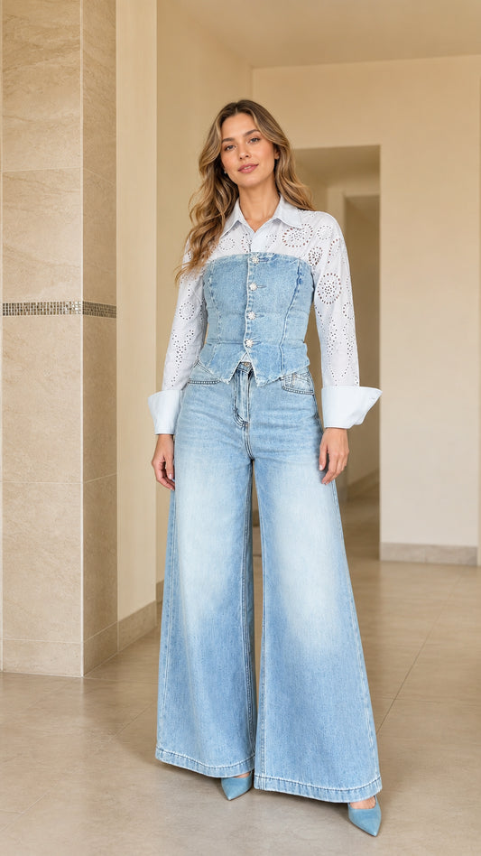 Front view of woman wearing Light Blue eyelet shirt with denim corset and wide leg jeans