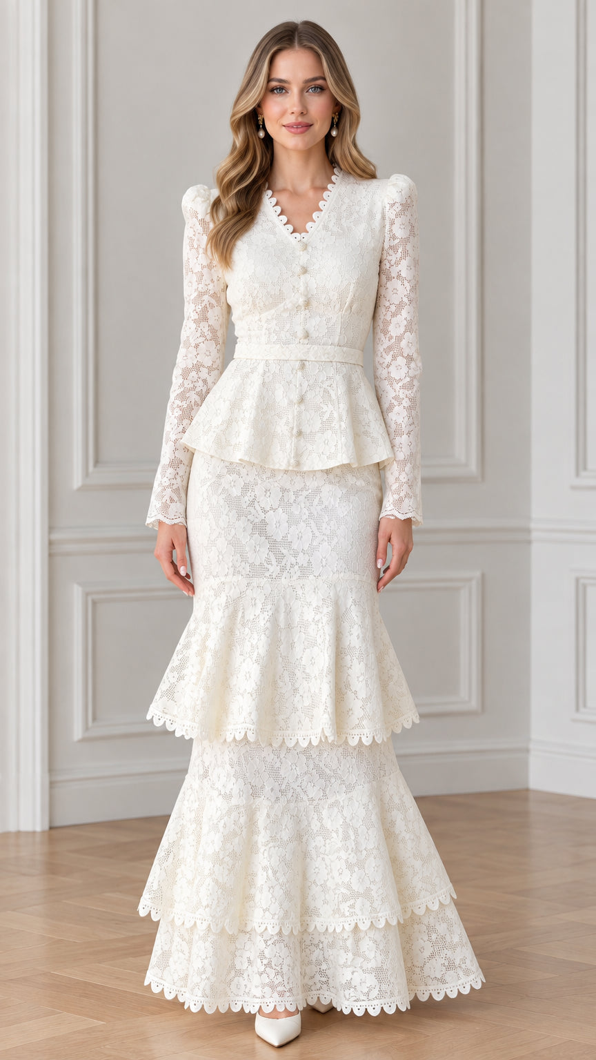 Front view of woman wearing white long sleeve floral lace peplum tiered mermaid maxi dress