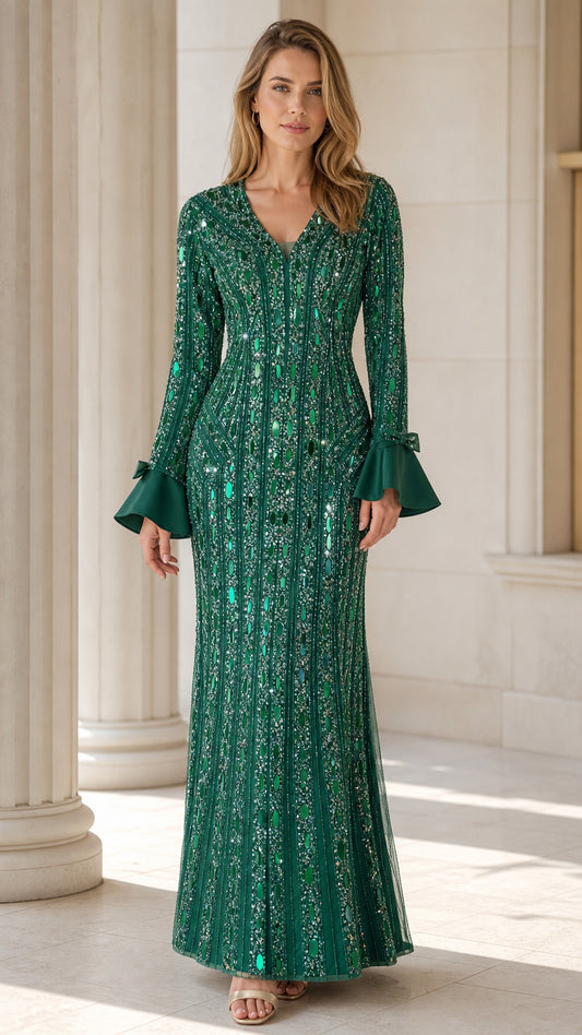Front view of green sequin evening gown with flare sleeves