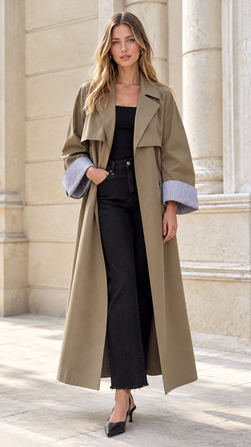 Front view of model wearing khaki maxi trench coat with striped turn-up cuffs