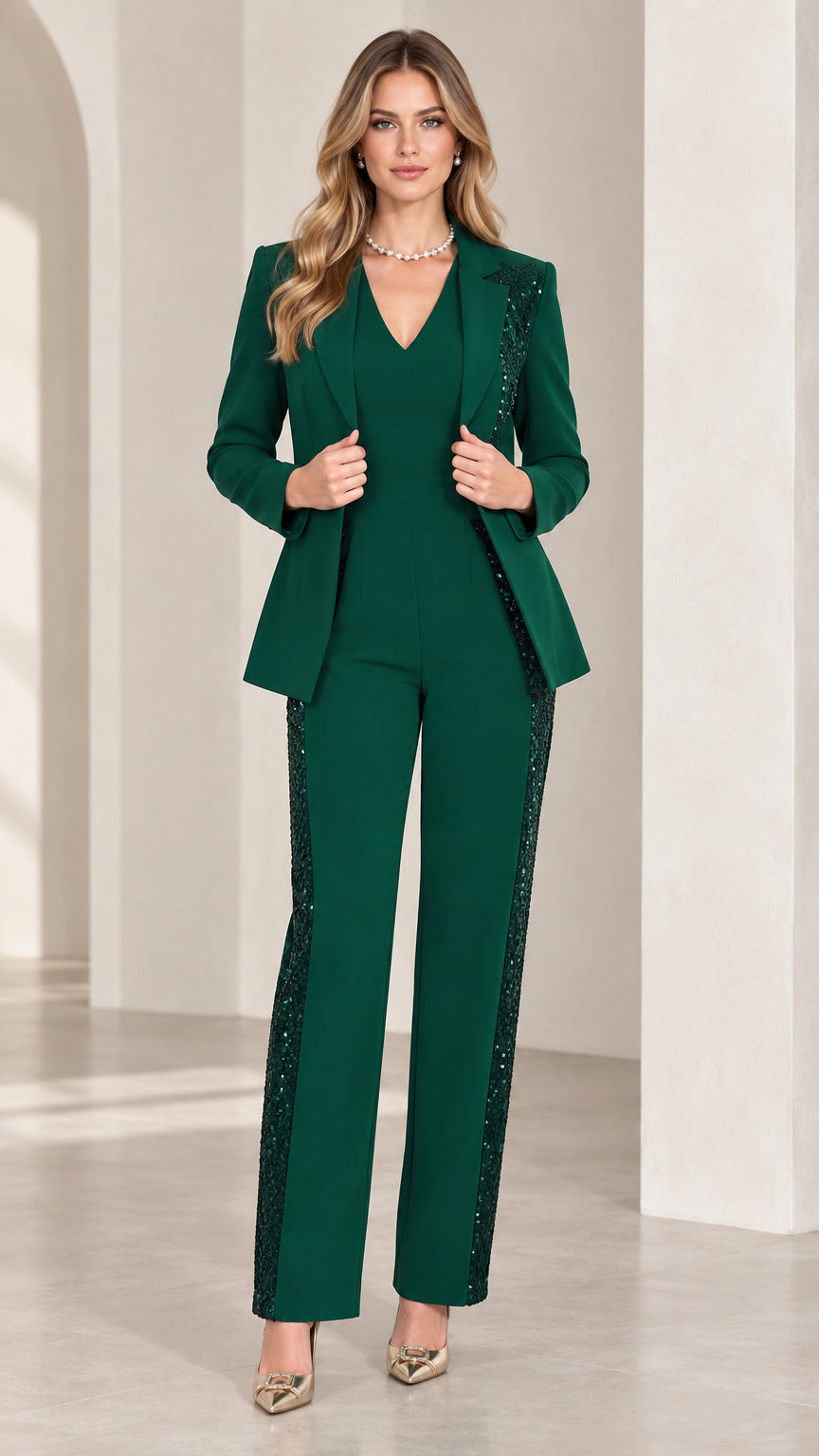 Front view of woman wearing emerald green sequin-trim blazer and matching straight-leg pant suit set
