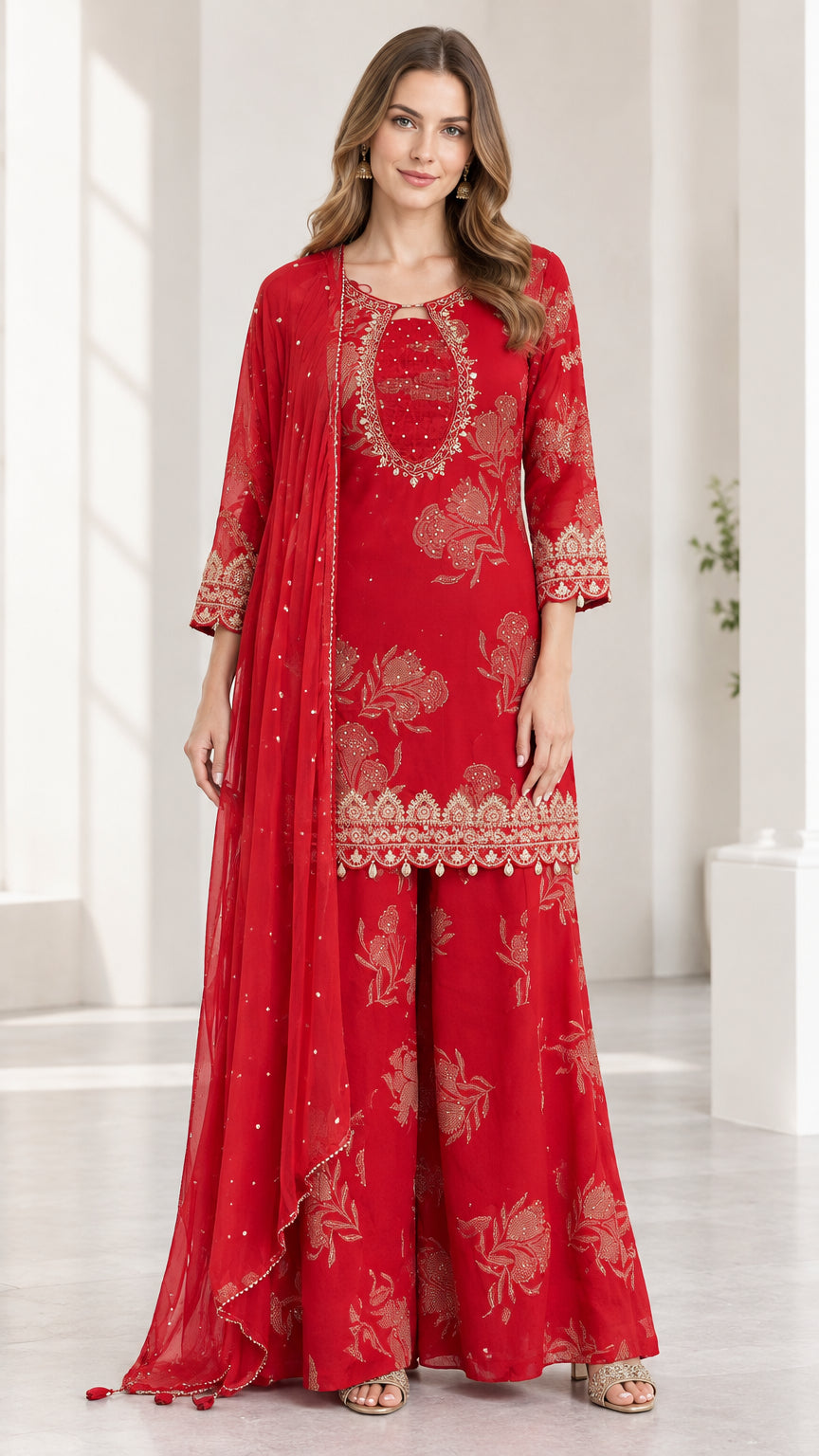 Front view of woman wearing red embroidered 3-piece kurta sharara suit set with dupatta