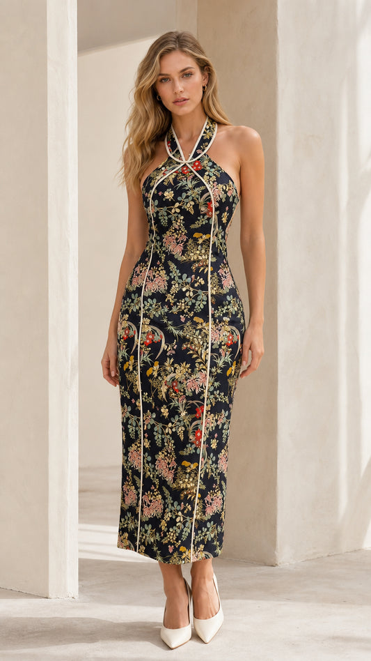 Model wearing navy floral print halter neck midi dress front view