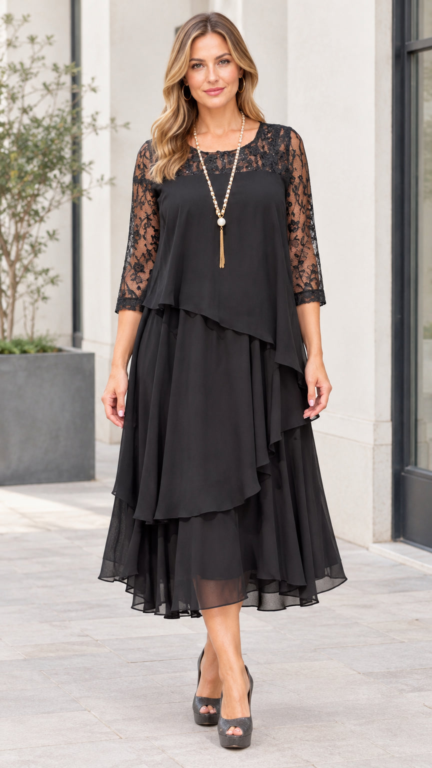 Front view of black tiered chiffon midi dress with floral lace yoke and 3/4 sleeves