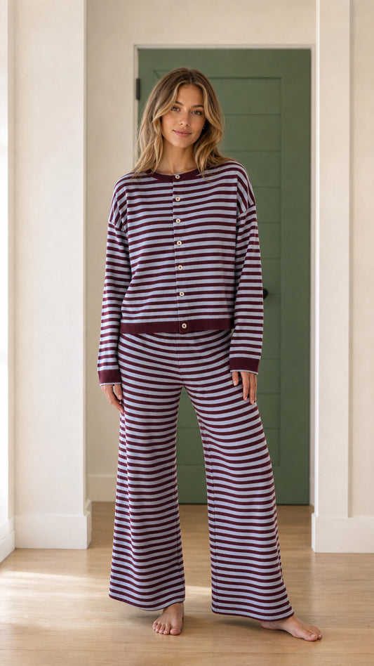 Front view of model wearing purple striped knit cardigan and wide-leg pants set