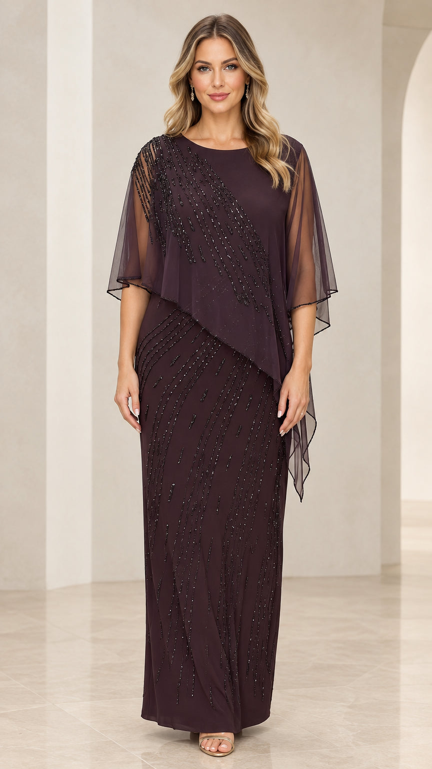 Front view of model wearing Plum beaded capelet maxi dress
