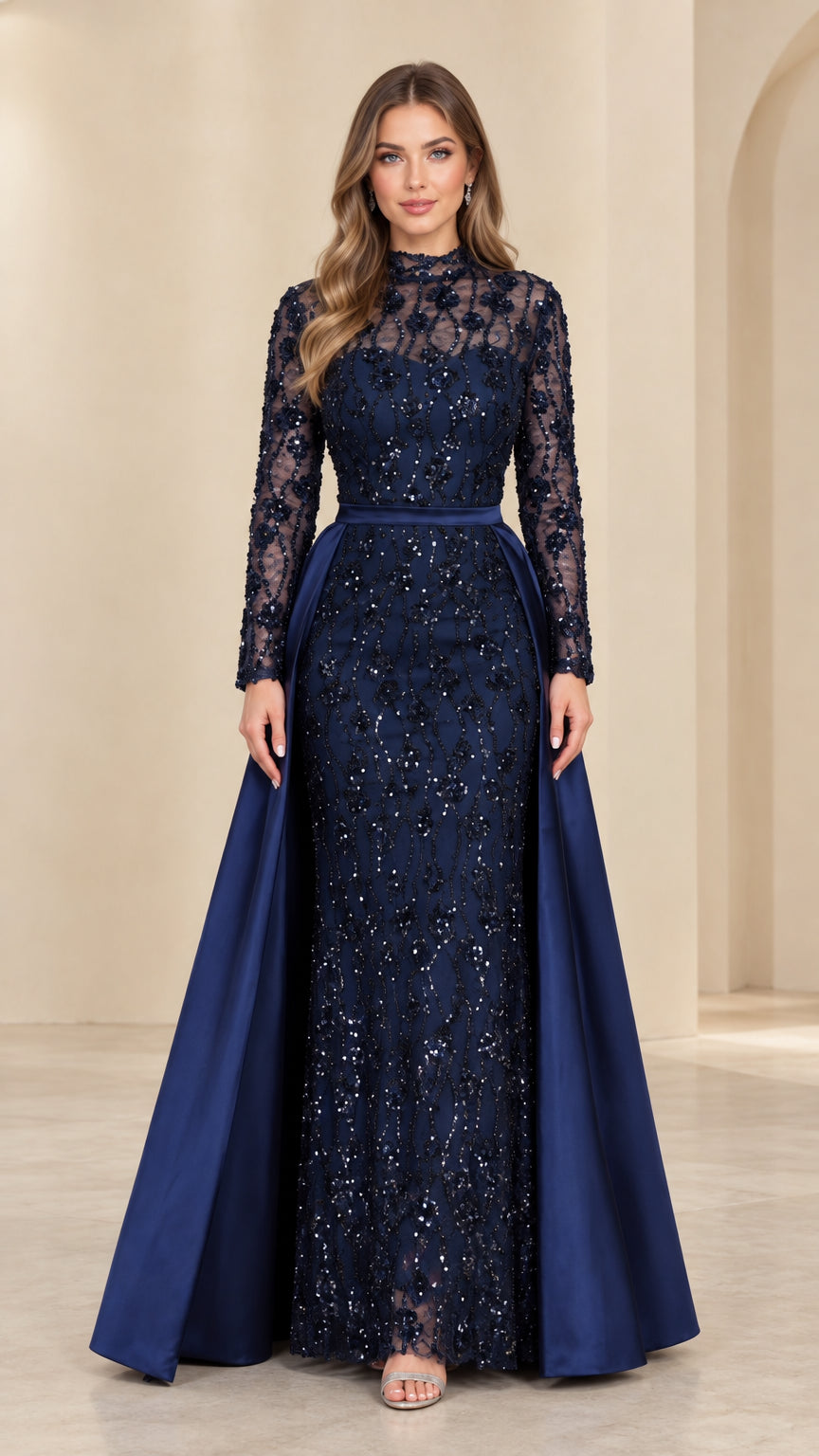 Front view of model wearing Navy Blue sequined lace evening gown with satin overskirt