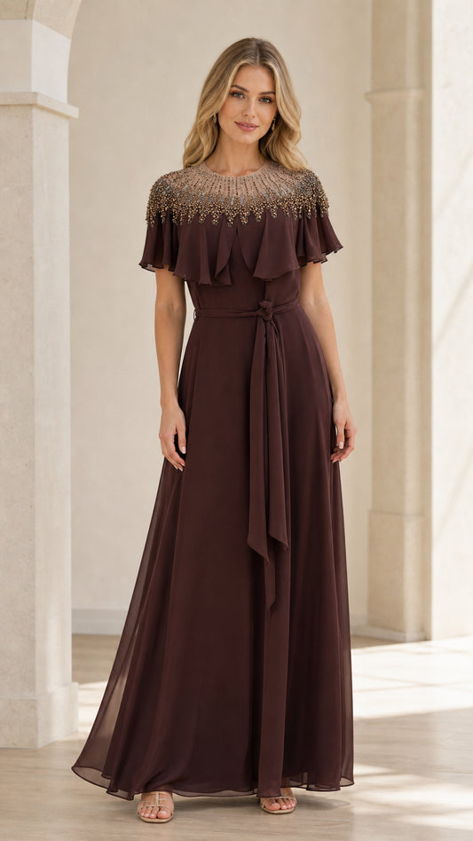 Front view of brown beaded capelet maxi dress