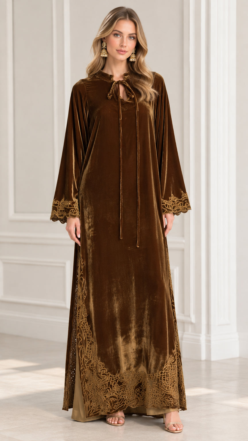 Full front view of model wearing Bronze Brown embroidered velvet maxi kaftan dress