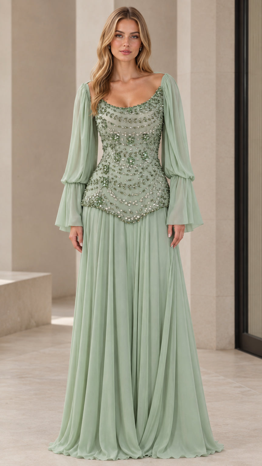 Front view of woman wearing a sage green beaded drop-waist chiffon evening gown with long bell sleeves