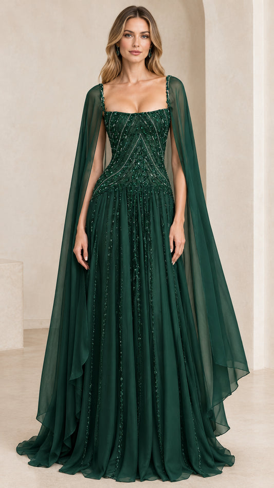 Front view of woman wearing emerald green beaded square neck evening gown with chiffon cape