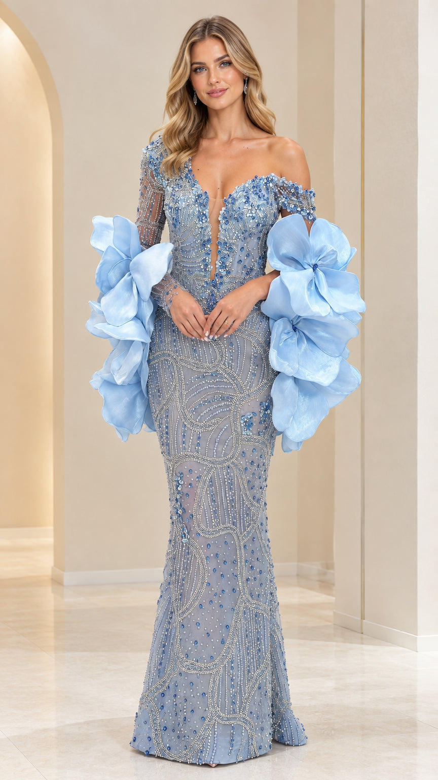 Front view of model wearing Light Blue off-the-shoulder beaded mermaid gown with dramatic ruffle sleeves