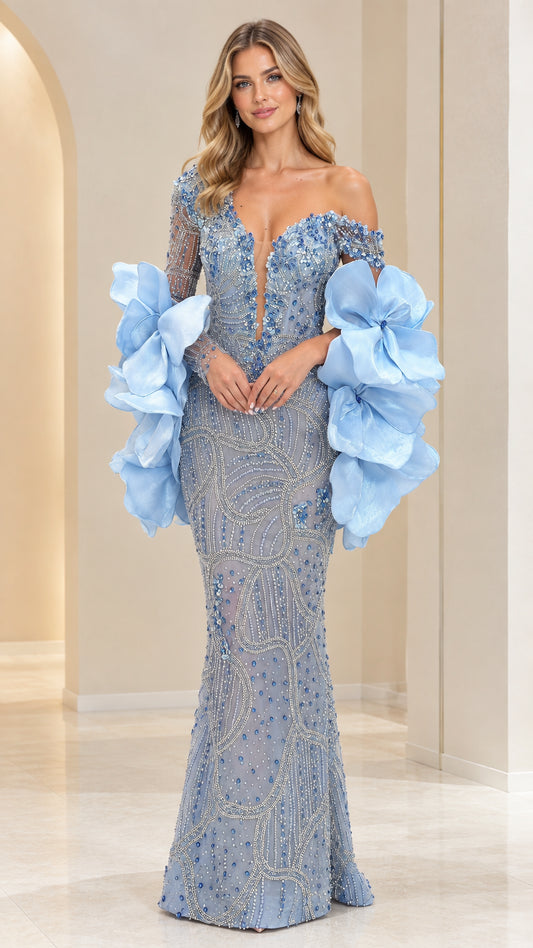 Front view of model wearing Light Blue off-the-shoulder beaded mermaid gown with dramatic ruffle sleeves