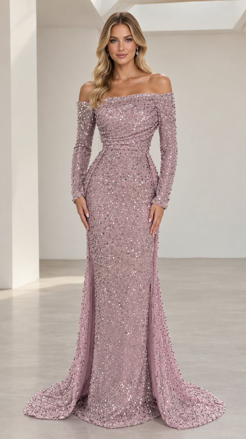 Front view of woman wearing dusty mauve off-the-shoulder long sleeve sequin mermaid gown