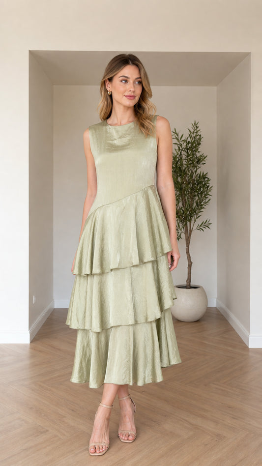 Front view of model wearing sage green sleeveless tiered asymmetric midi dress