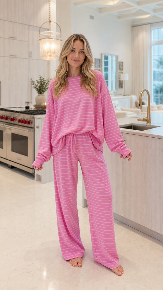 Full front view of model wearing pink striped long sleeve top and wide leg pants lounge set