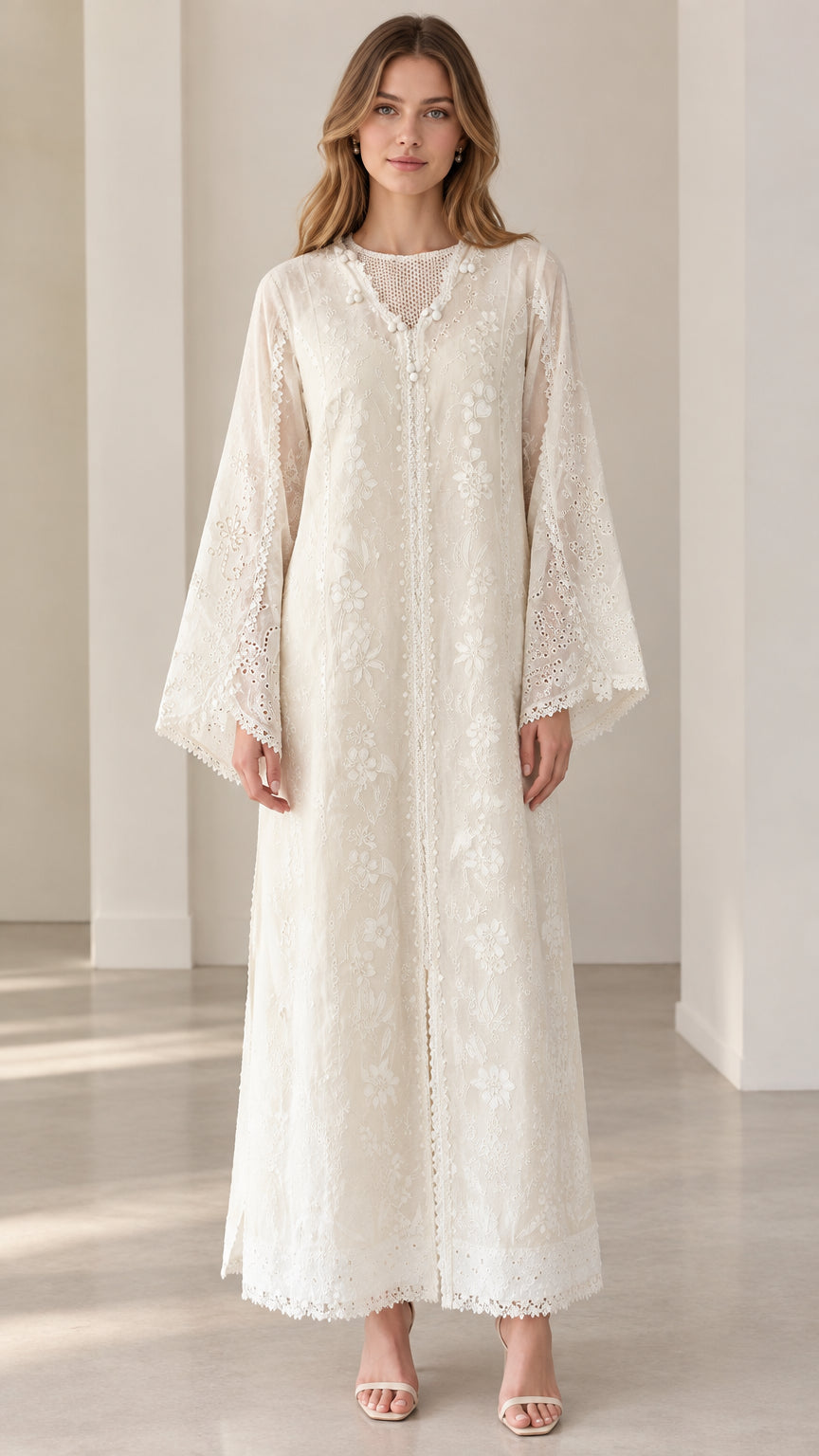 Front view of cream floral lace maxi abaya dress with flared bell sleeves