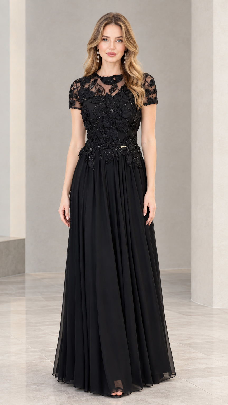 Black embroidered floral illusion neckline evening maxi dress front view