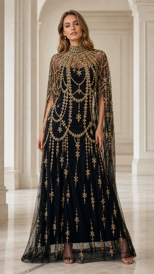 Front view of model wearing black beaded cape overlay evening gown