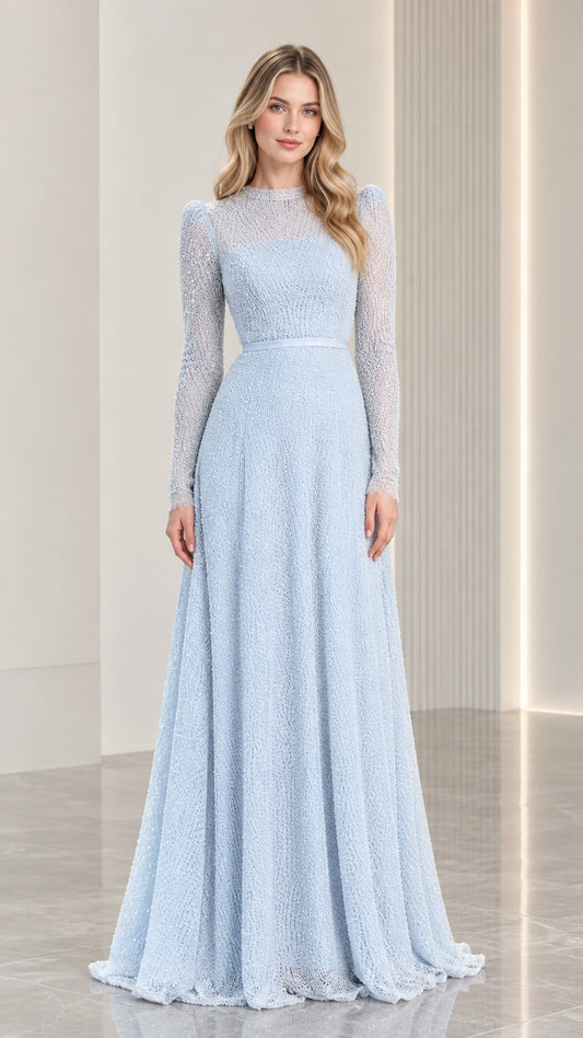 Front view of light blue illusion neck long sleeve A-line evening gown