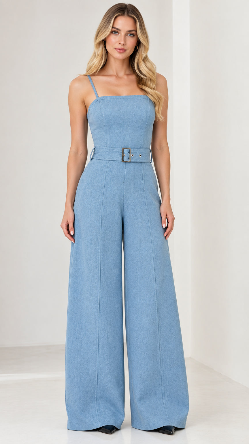Front view of model wearing a light blue square neck sleeveless belted wide-leg jumpsuit